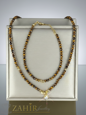  Изящен хендмейд комплект от стомана и натурални фасетирани мъниста кафяво тигрово око 3 мм, колие в 2 дължини и гривна 17+5 см удължител - КМ1056